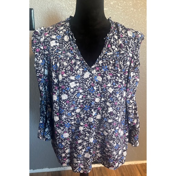Democracy Tops - Democracy Womens Floral V-Neck Ruffle Blouse Blue 3/4 Sleeve Top L Cottagecore